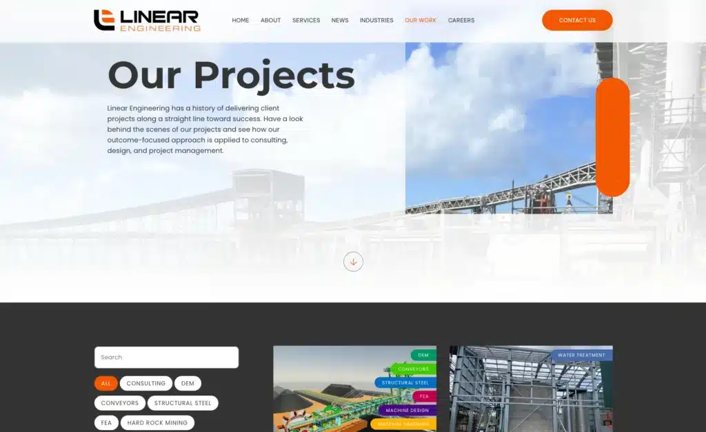 Screenshot of the "Our Projects" page on Linear Engineering's Case study website, featuring impactful design elements, project categories, a brief company description, and images of industrial structures.